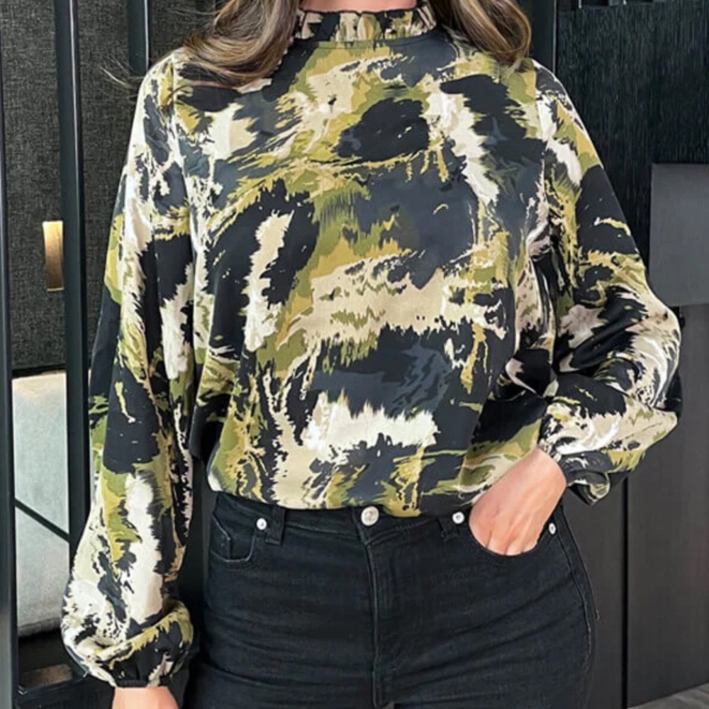 AX Paris Khaki Smudge Print Long Sleeve Ruffle Neck Top
